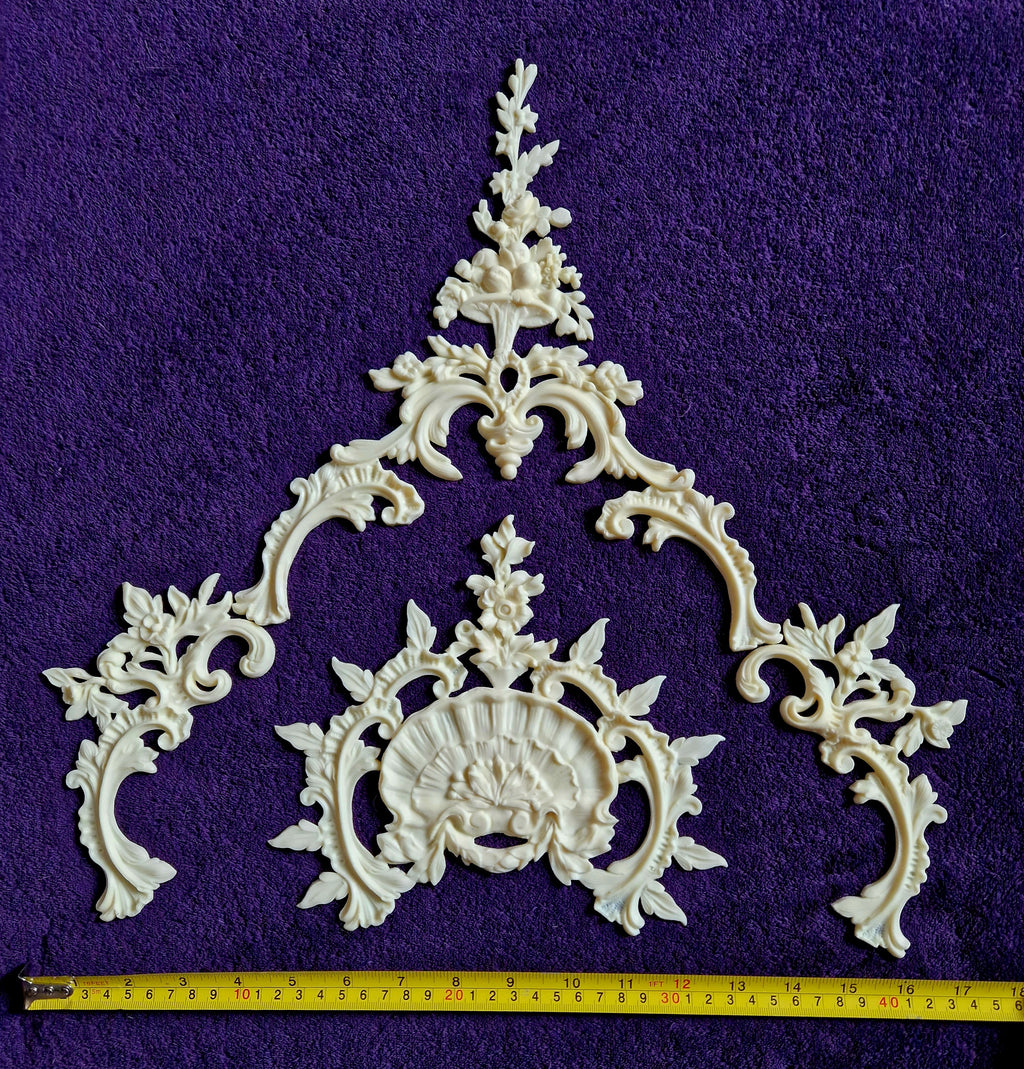 LARGE DECORATIVE PLASTIC PANEL PEDIMENT LOUIS XV APPLIQUE GILT WHITE DECORATION (No174)