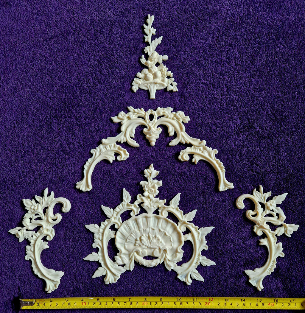 LARGE DECORATIVE PLASTIC PANEL PEDIMENT LOUIS XV APPLIQUE GILT WHITE DECORATION (No174)