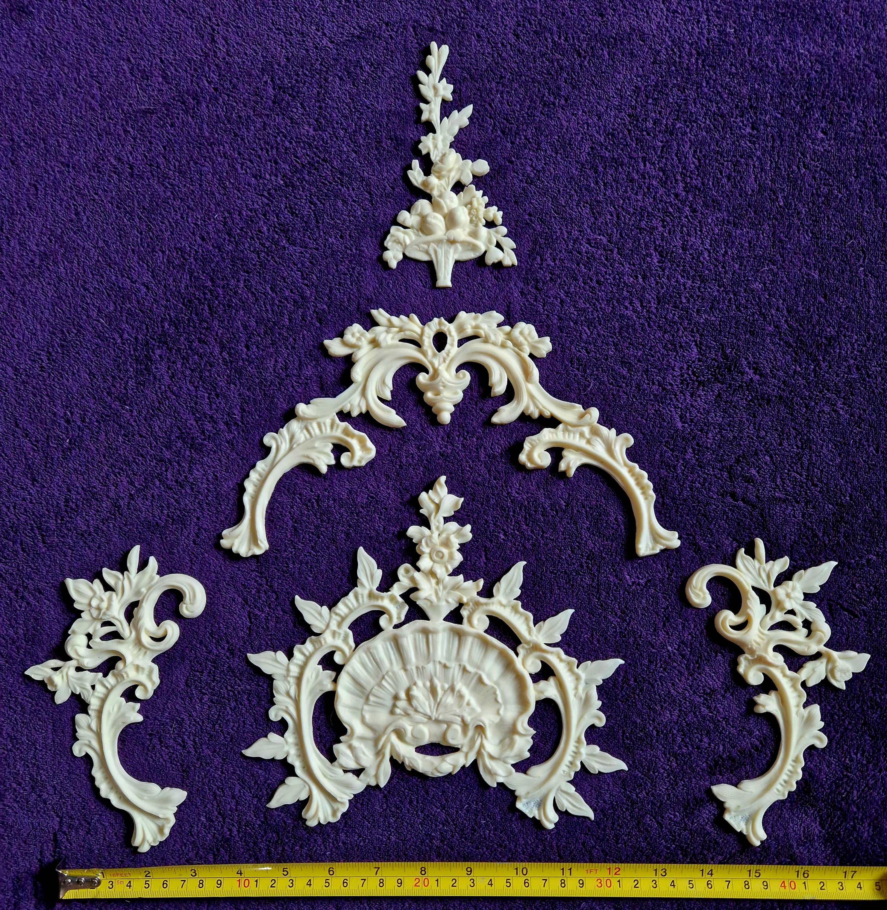 LARGE DECORATIVE PLASTIC PANEL PEDIMENT LOUIS XV APPLIQUE GILT WHITE DECORATION (No174)