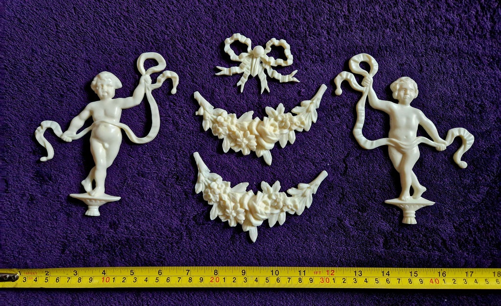 DECORATIVE RESIN PEDIMENT LOUIS XVI CHERUBS FLORAL APPLIQUE GILT WHITE DECORATION (No168)