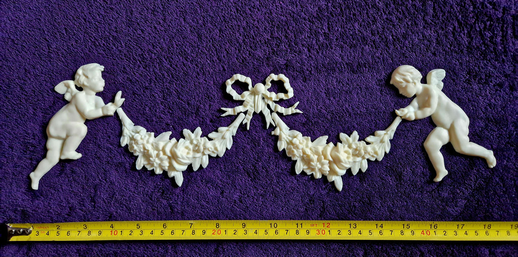 DECORATIVE RESIN PEDIMENT LOUIS XVI CHERUBS FLORAL APPLIQUE GILT WHITE DECORATION (No171)