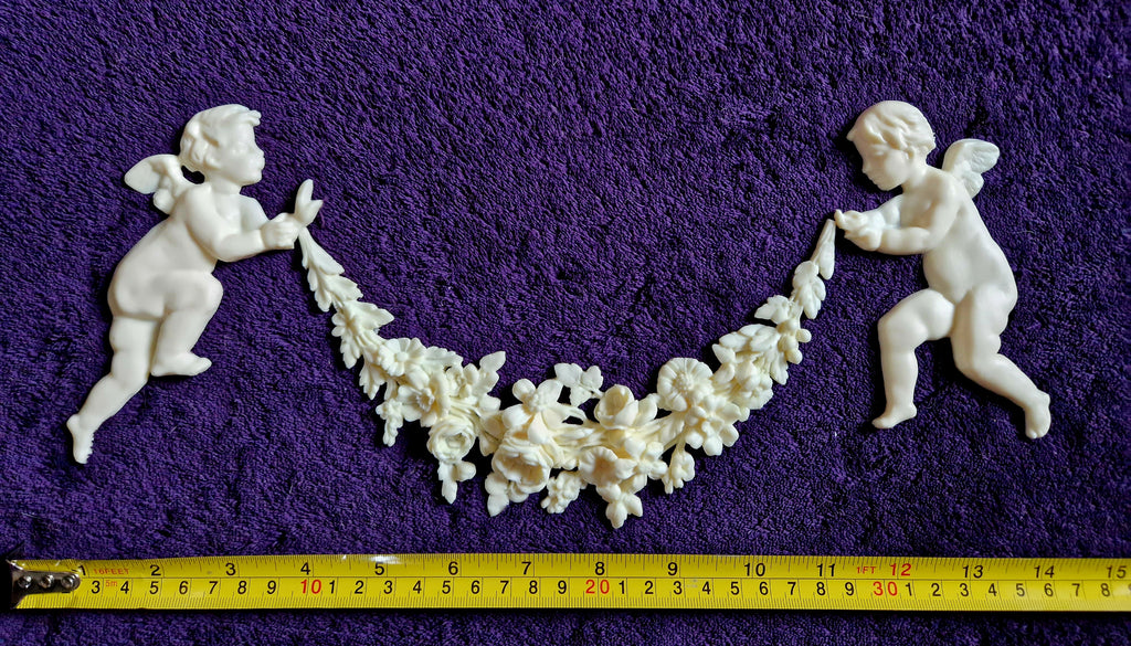 DECORATIVE RESIN PEDIMENT LOUIS XVI CHERUBS FLORAL APPLIQUE GILT WHITE DECORATION (No173)