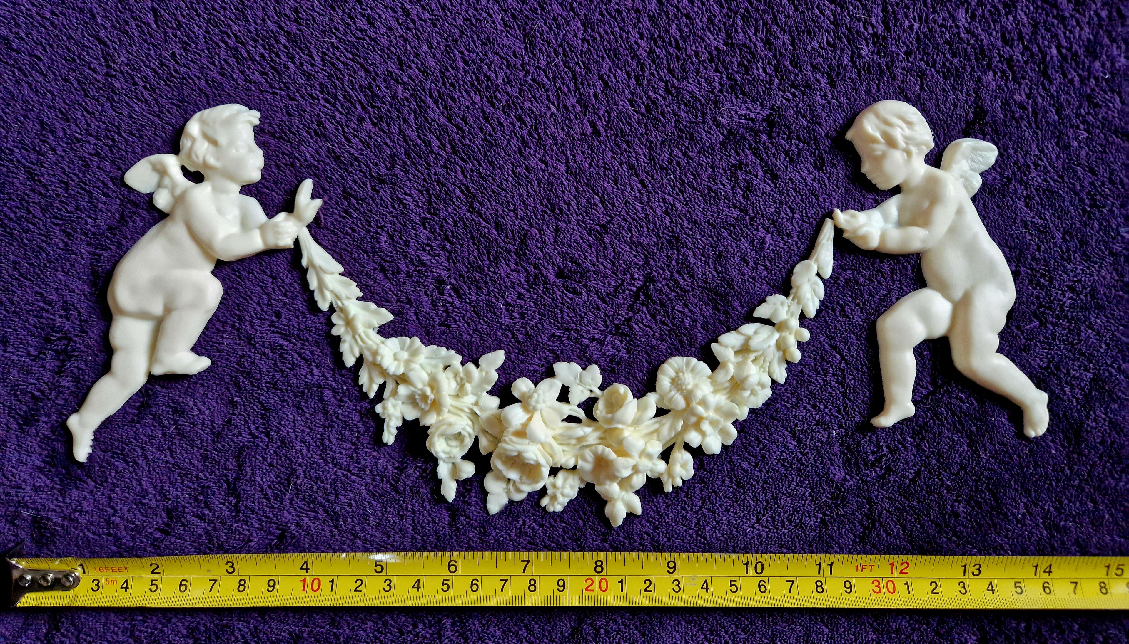 DECORATIVE RESIN PEDIMENT LOUIS XVI CHERUBS FLORAL APPLIQUE GILT WHITE DECORATION (No173)
