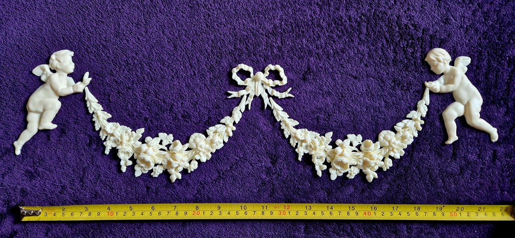 DECORATIVE RESIN PEDIMENT LOUIS XVI CHERUBS FLORAL APPLIQUE GILT WHITE DECORATION (No172)