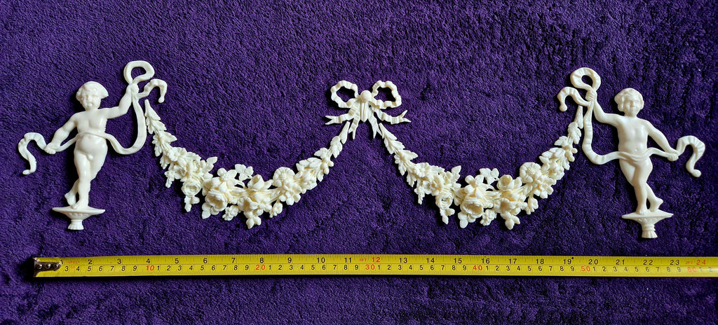 DECORATIVE RESIN PEDIMENT LOUIS XVI CHERUBS FLORAL APPLIQUE GILT WHITE DECORATION (No169)