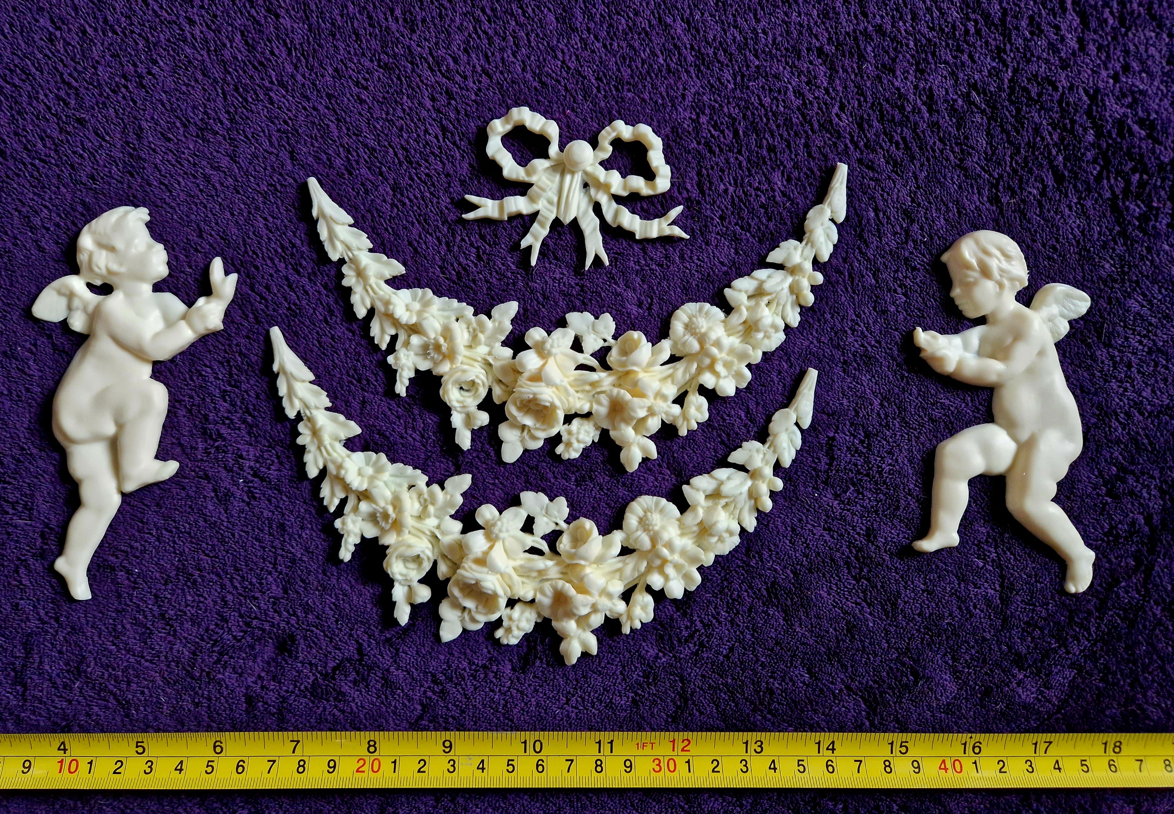 DECORATIVE RESIN PEDIMENT LOUIS XVI CHERUBS FLORAL APPLIQUE GILT WHITE DECORATION (No172)