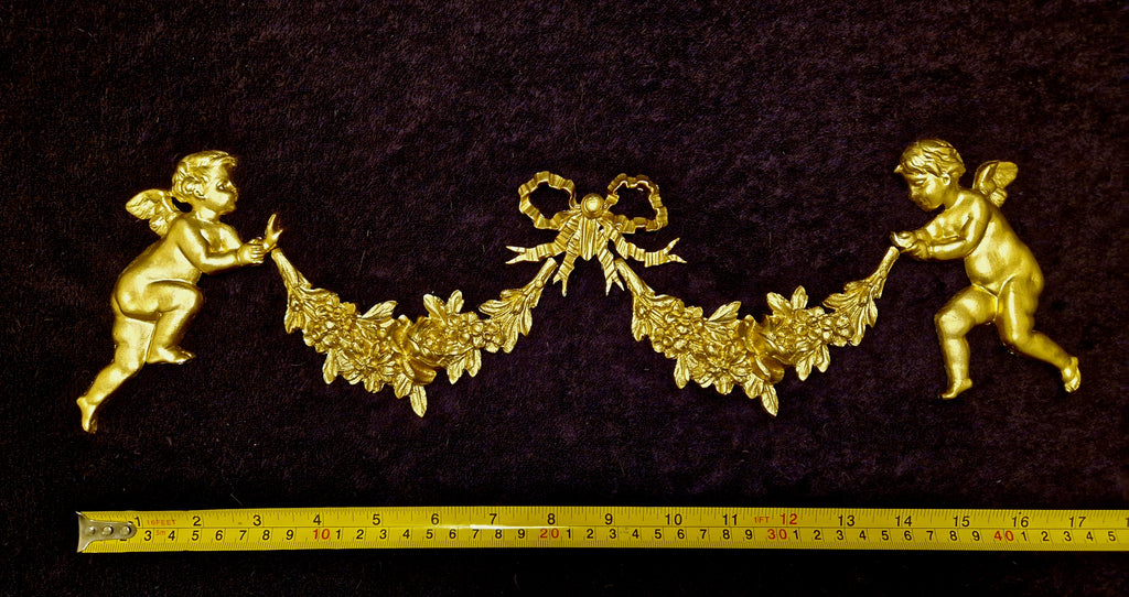 DECORATIVE RESIN PEDIMENT LOUIS XVI CHERUBS FLORAL APPLIQUE GILT WHITE DECORATION (No171)