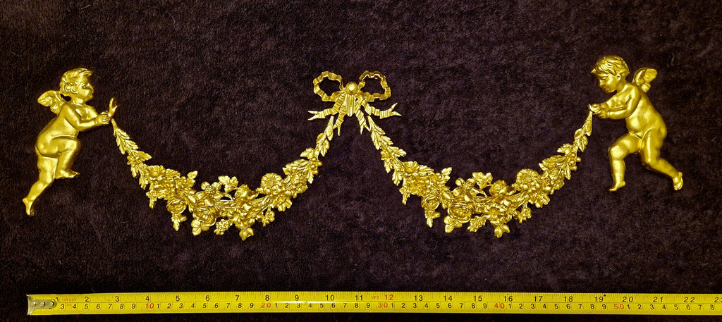 DECORATIVE RESIN PEDIMENT LOUIS XVI CHERUBS FLORAL APPLIQUE GILT WHITE DECORATION (No172)