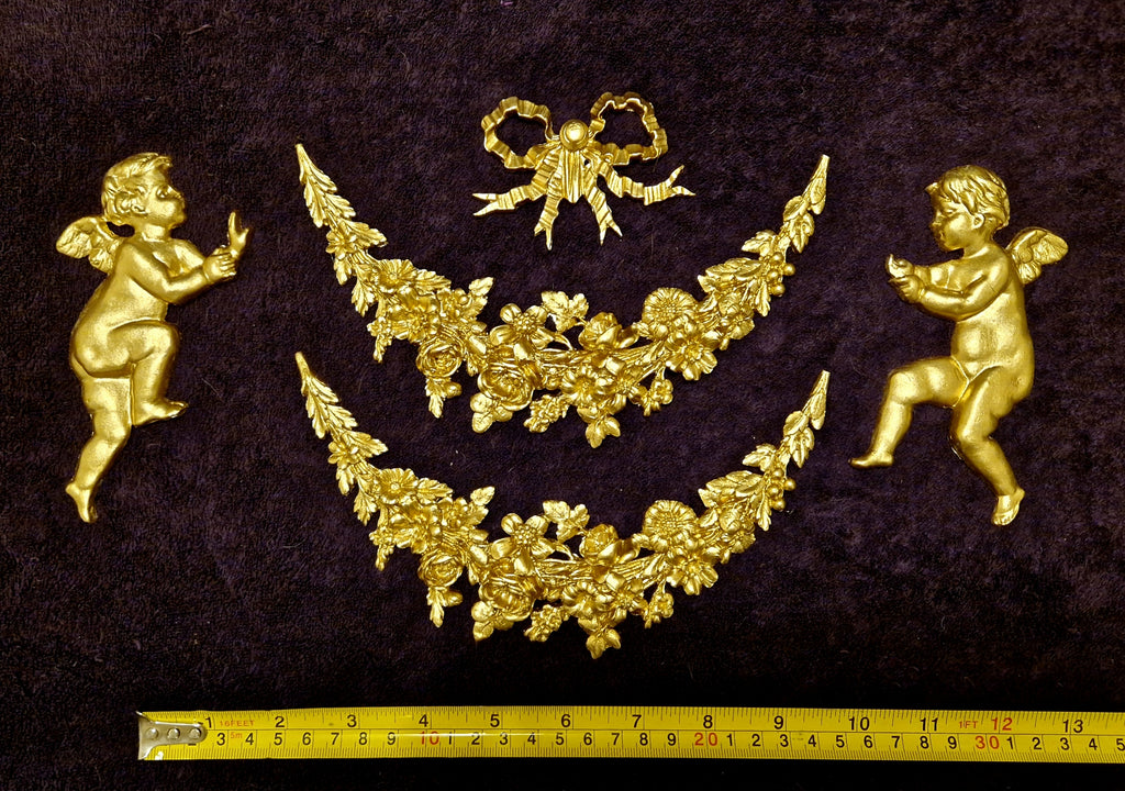 DECORATIVE RESIN PEDIMENT LOUIS XVI CHERUBS FLORAL APPLIQUE GILT WHITE DECORATION (No172)