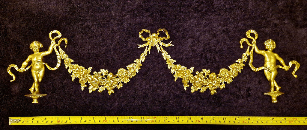 DECORATIVE RESIN PEDIMENT LOUIS XVI CHERUBS FLORAL APPLIQUE GILT WHITE DECORATION (No169)
