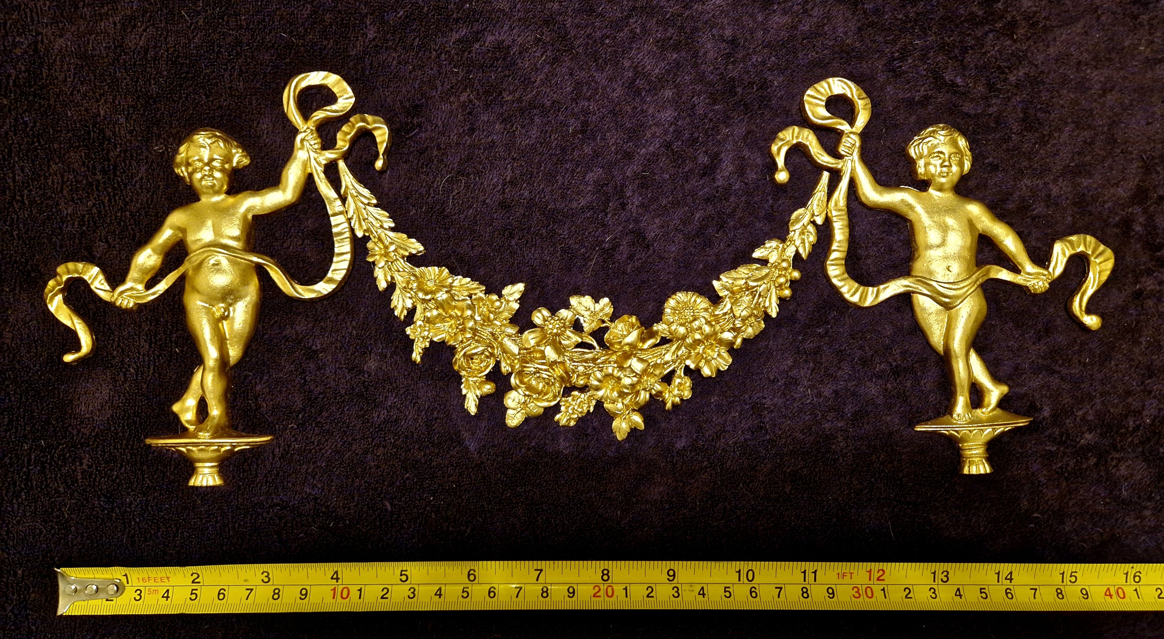 DECORATIVE RESIN PEDIMENT LOUIS XVI CHERUBS FLORAL APPLIQUE GILT WHITE DECORATION (No170)