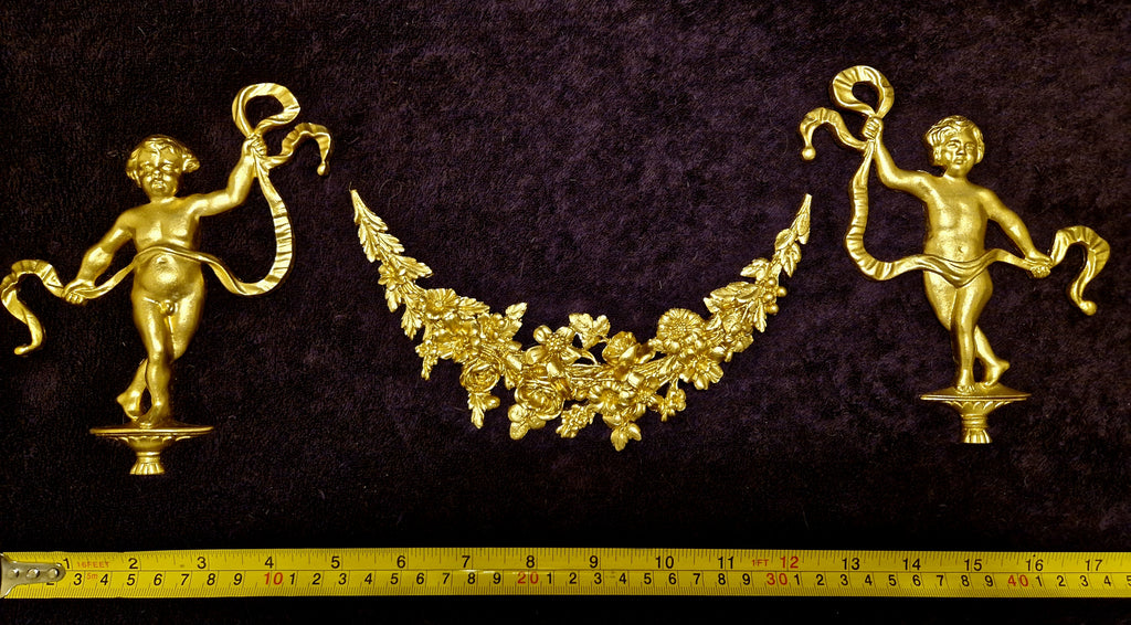 DECORATIVE RESIN PEDIMENT LOUIS XVI CHERUBS FLORAL APPLIQUE GILT WHITE DECORATION (No170)
