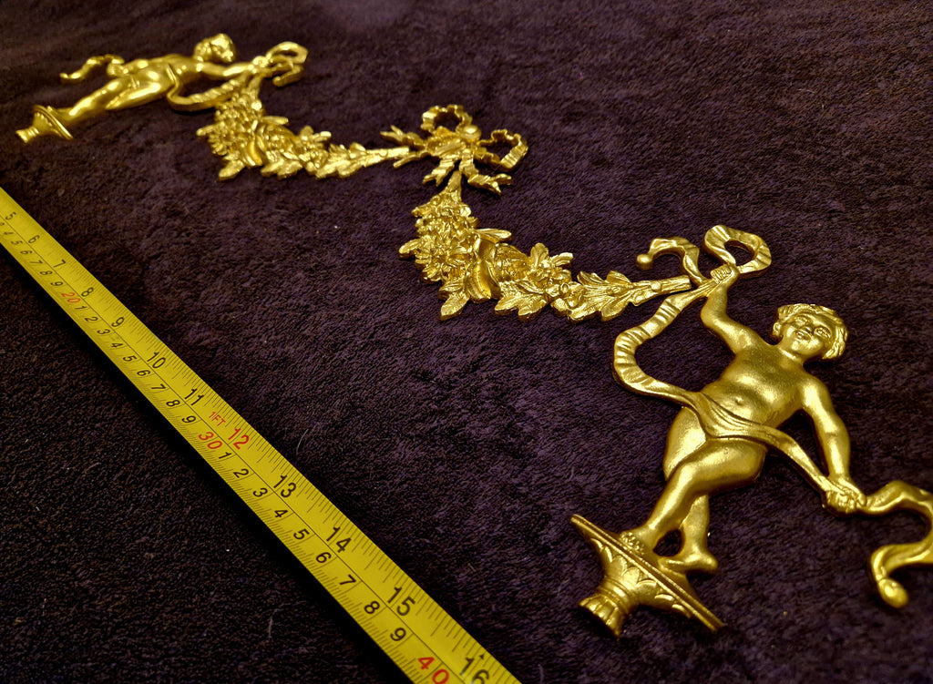 DECORATIVE RESIN PEDIMENT LOUIS XVI CHERUBS FLORAL APPLIQUE GILT WHITE DECORATION (No168)