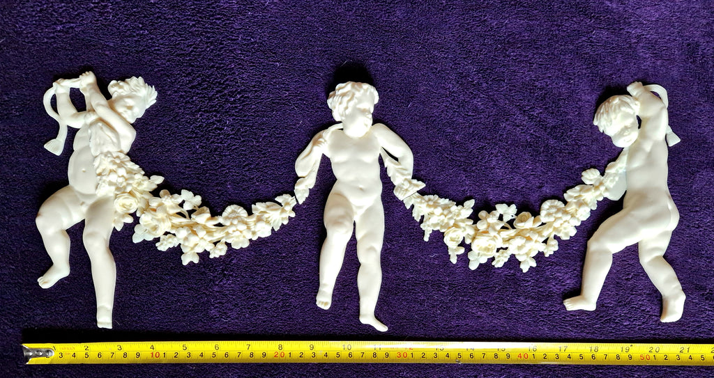 DECORATIVE RESIN PEDIMENT LOUIS XVI CHERUBS FLORAL APPLIQUE GILT WHITE DECORATION (No176)