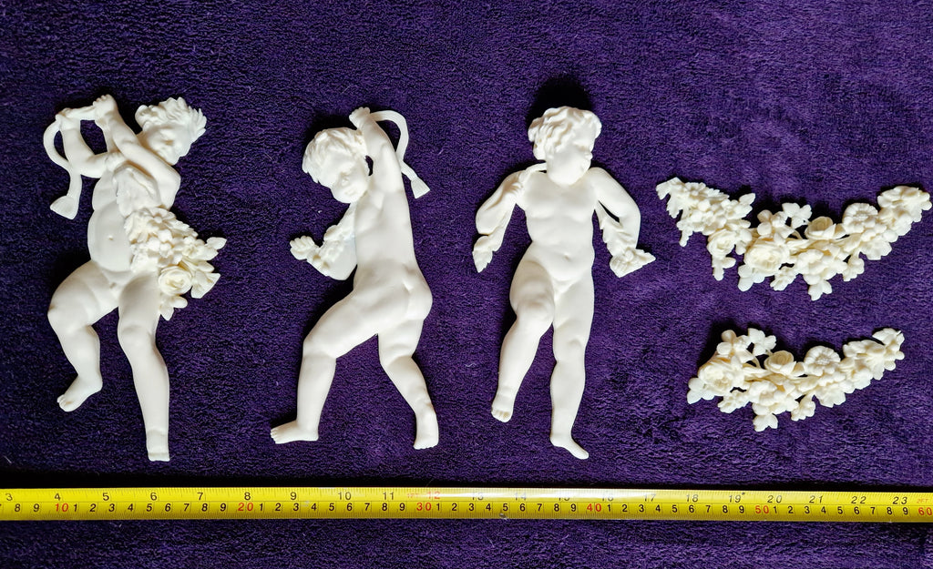 DECORATIVE RESIN PEDIMENT LOUIS XVI CHERUBS FLORAL APPLIQUE GILT WHITE DECORATION (No176)