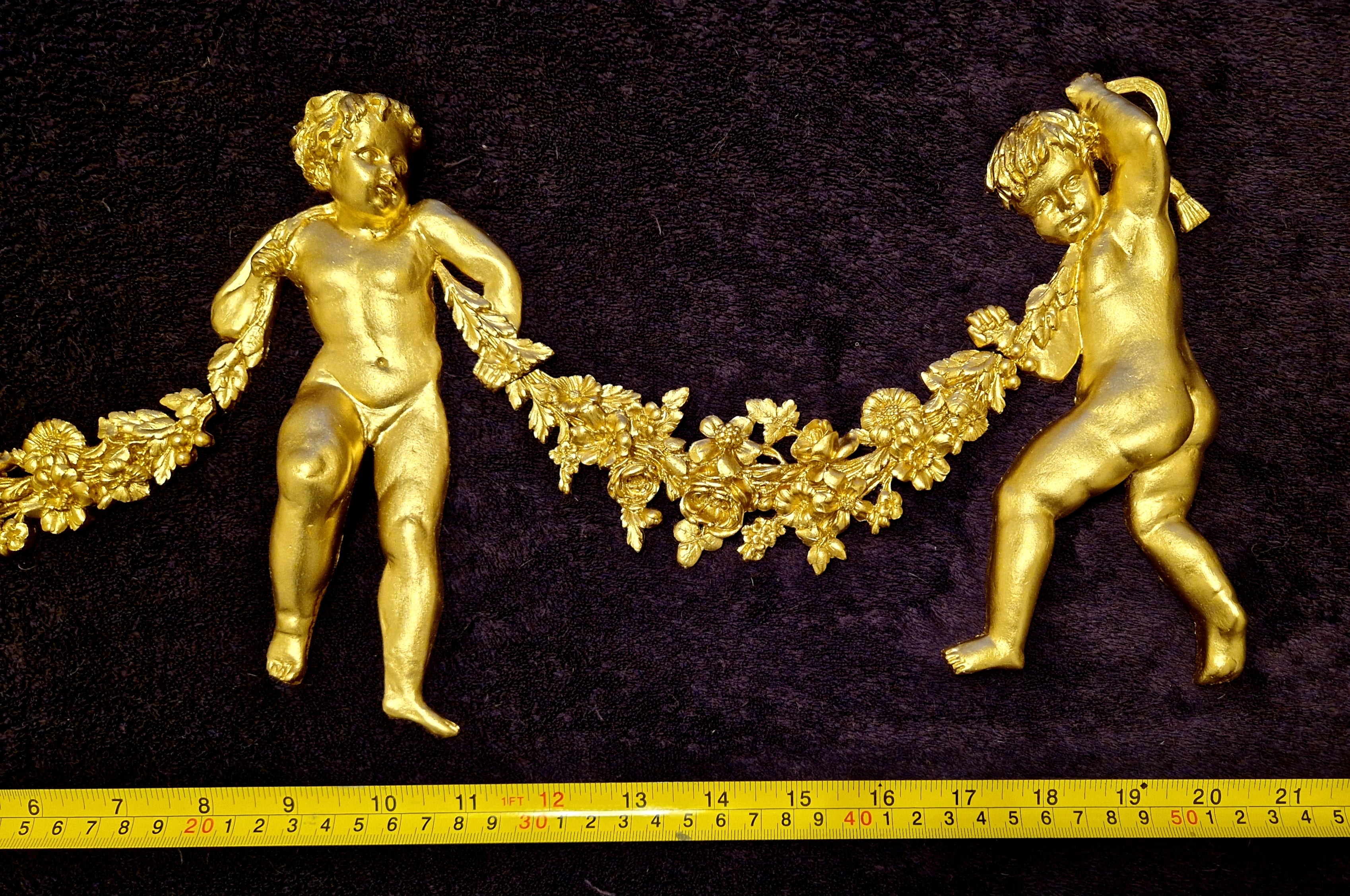 DECORATIVE RESIN PEDIMENT LOUIS XVI CHERUBS FLORAL APPLIQUE GILT WHITE DECORATION (No176)