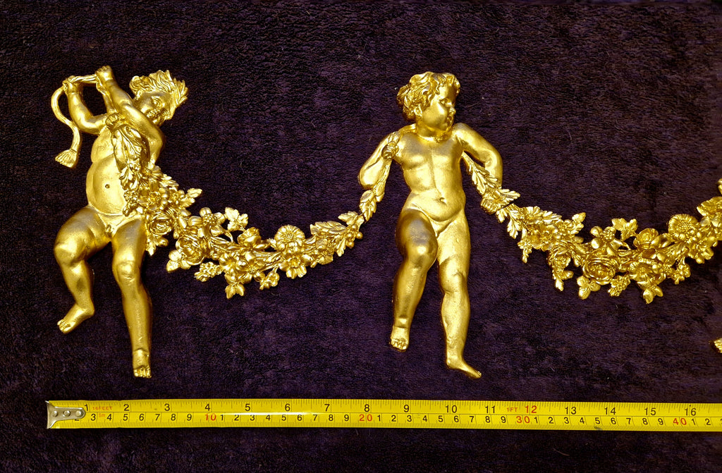 DECORATIVE RESIN PEDIMENT LOUIS XVI CHERUBS FLORAL APPLIQUE GILT WHITE DECORATION (No176)