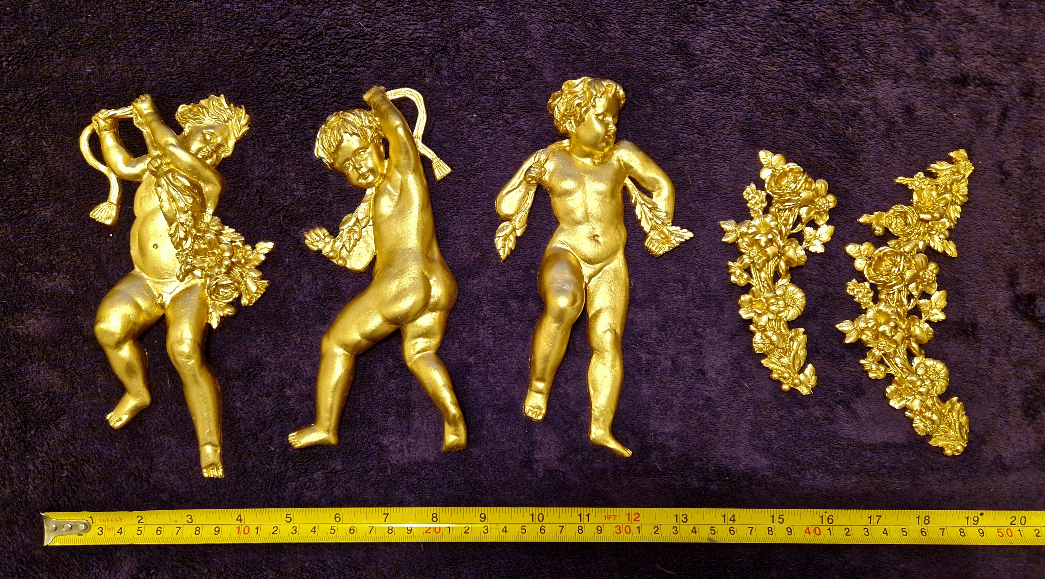 DECORATIVE RESIN PEDIMENT LOUIS XVI CHERUBS FLORAL APPLIQUE GILT WHITE DECORATION (No176)