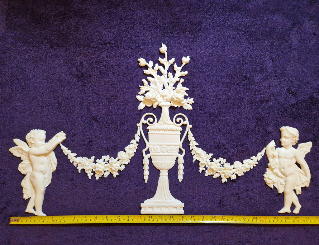 DECORATIVE RESIN PEDIMENT LOUIS XVI CHERUBS FLORAL APPLIQUE GILT WHITE DECORATION (No185)