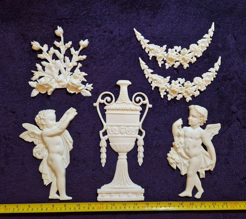 DECORATIVE RESIN PEDIMENT LOUIS XVI CHERUBS FLORAL APPLIQUE GILT WHITE DECORATION (No185)