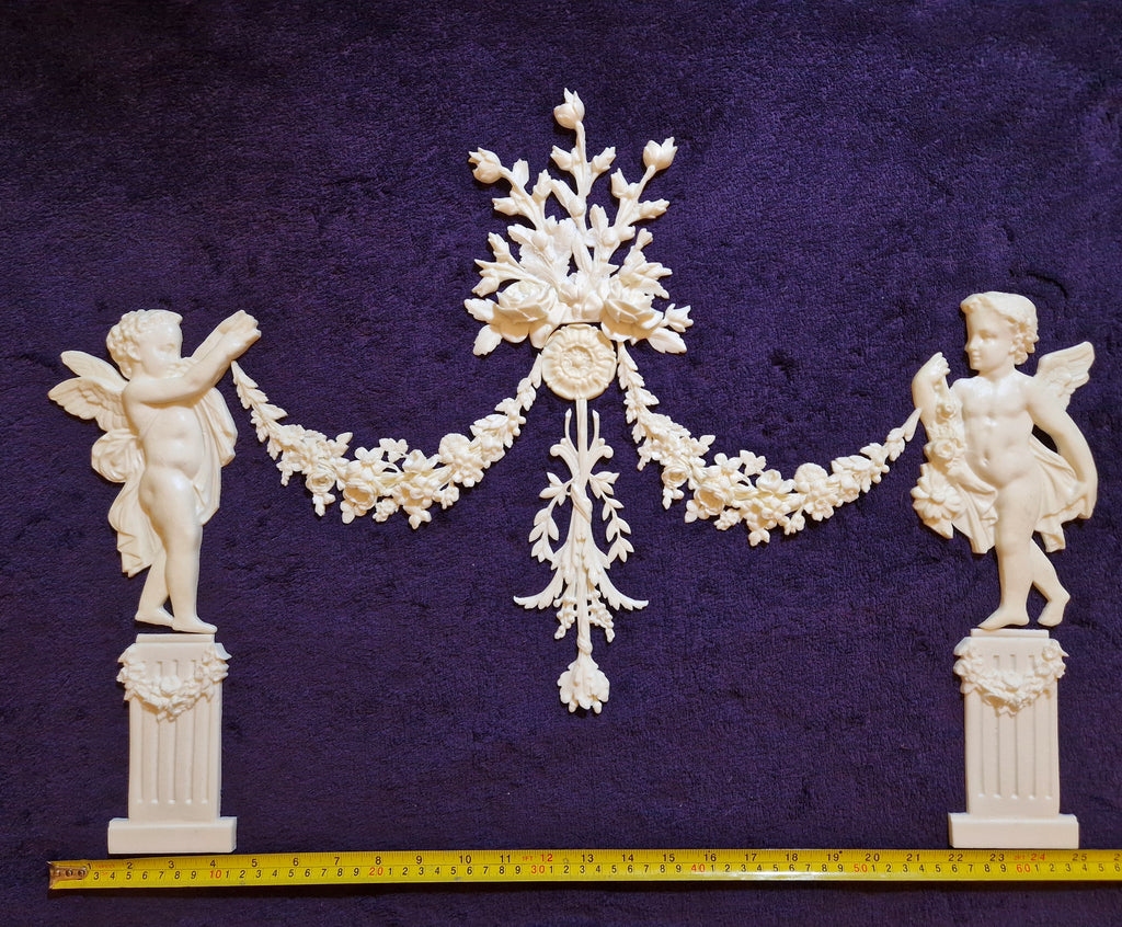 DECORATIVE RESIN PEDIMENT LOUIS XVI CHERUBS FLORAL APPLIQUE GILT WHITE DECORATION (No184)