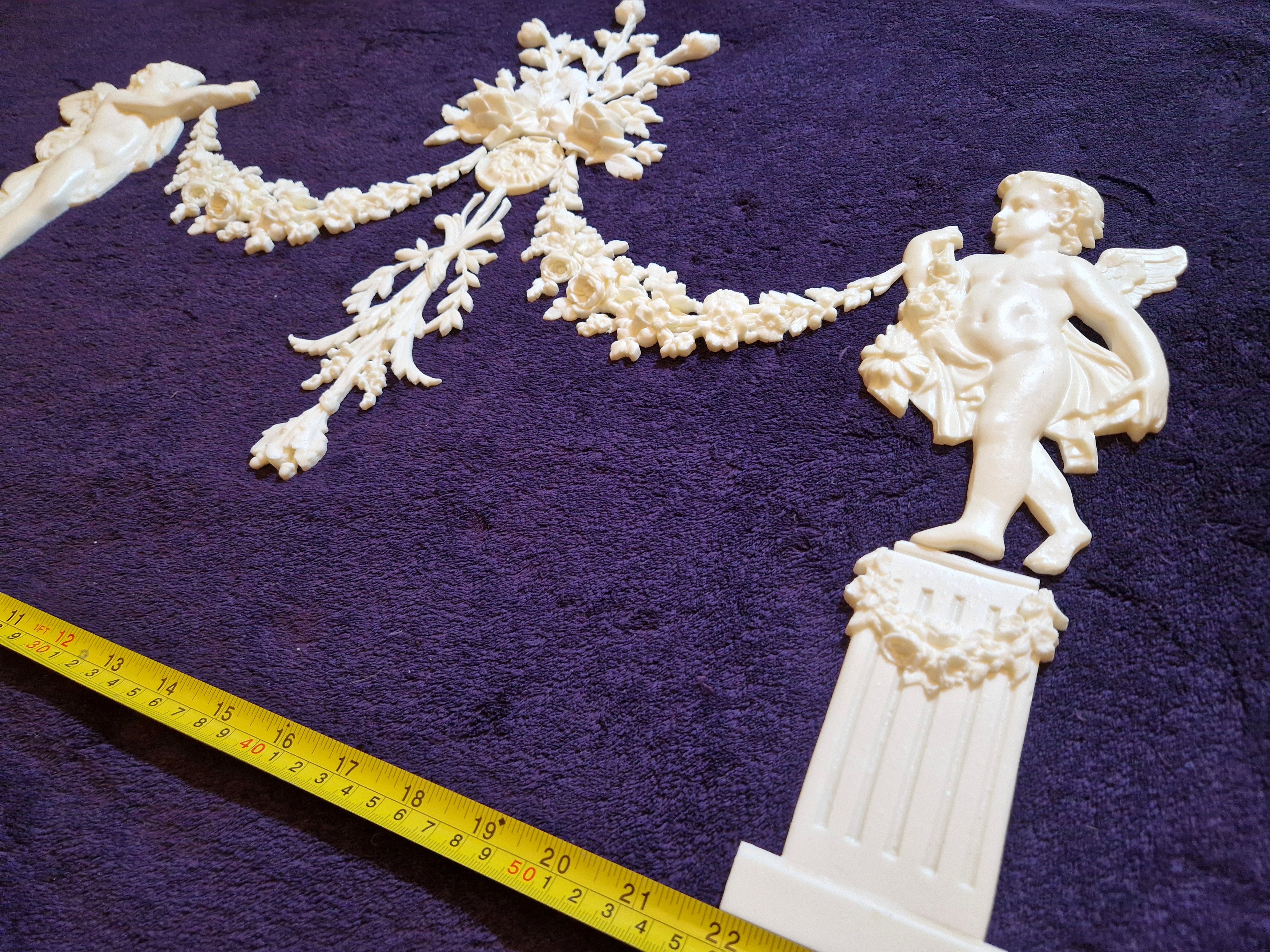 DECORATIVE RESIN PEDIMENT LOUIS XVI CHERUBS FLORAL APPLIQUE GILT WHITE DECORATION (No184)