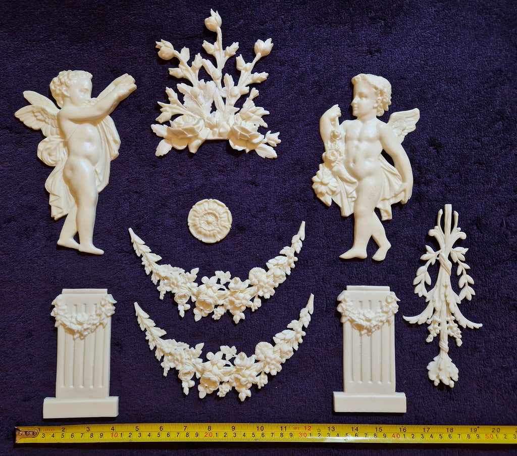 DECORATIVE RESIN PEDIMENT LOUIS XVI CHERUBS FLORAL APPLIQUE GILT WHITE DECORATION (No184)