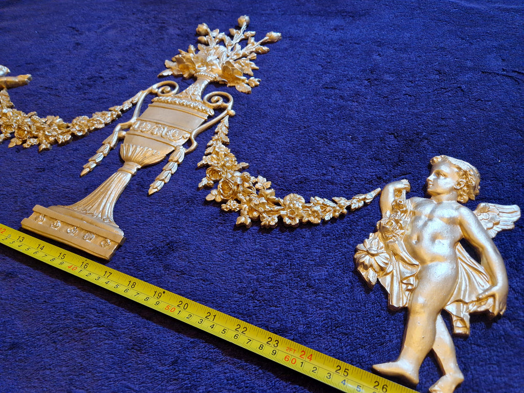 DECORATIVE RESIN PEDIMENT LOUIS XVI CHERUBS FLORAL APPLIQUE GILT WHITE DECORATION (No185)