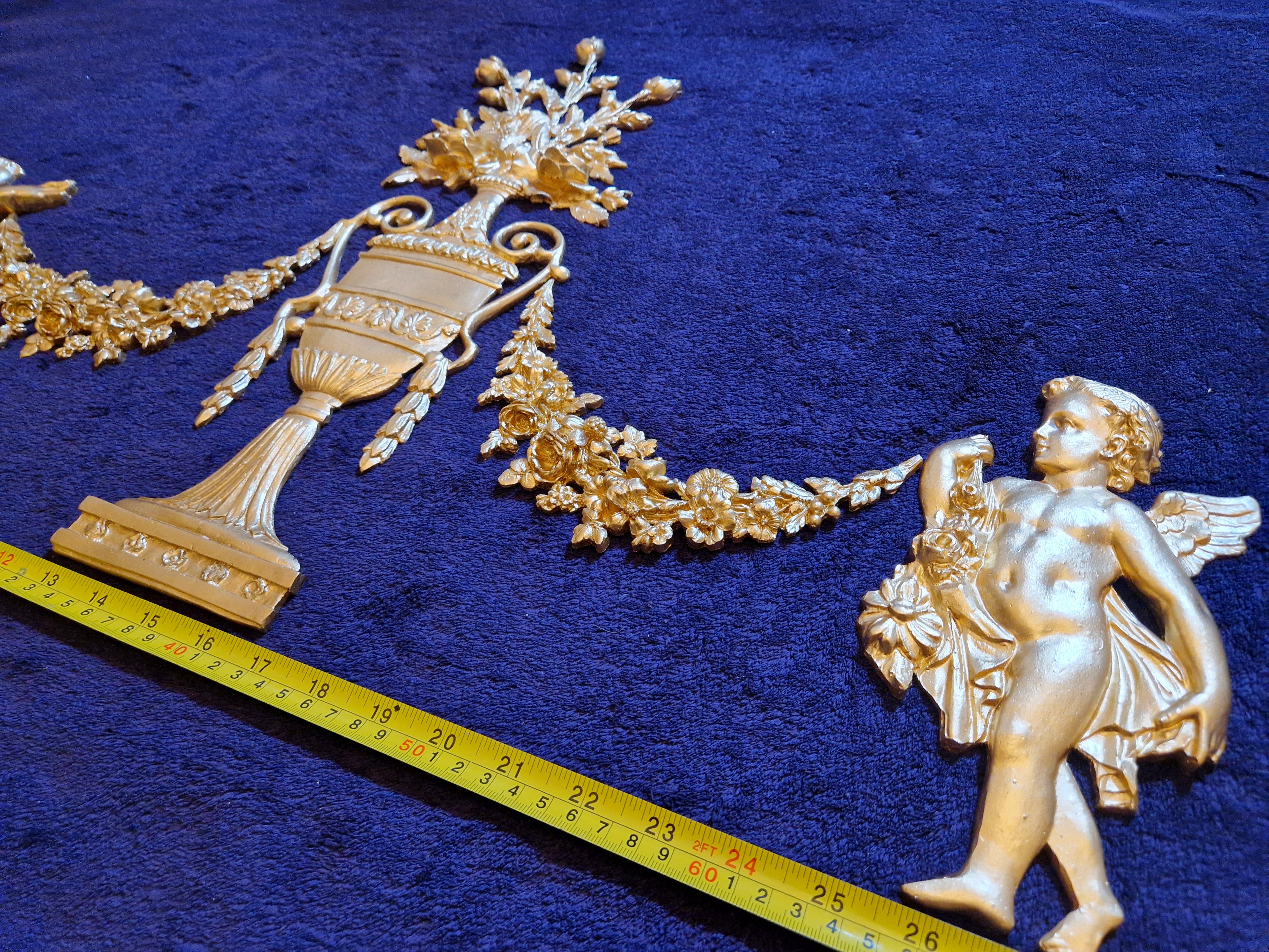 DECORATIVE RESIN PEDIMENT LOUIS XVI CHERUBS FLORAL APPLIQUE GILT WHITE DECORATION (No185)