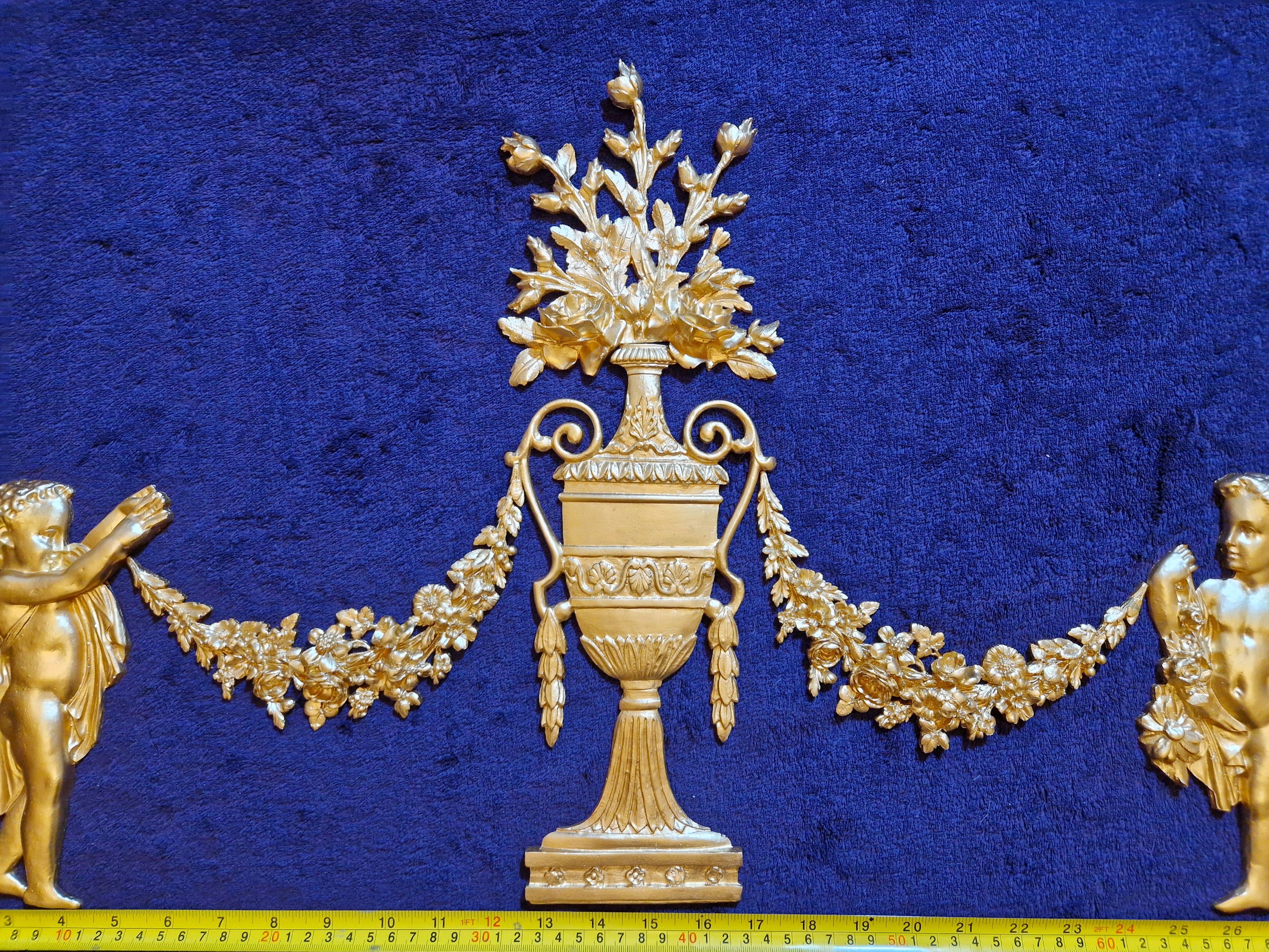 DECORATIVE RESIN PEDIMENT LOUIS XVI CHERUBS FLORAL APPLIQUE GILT WHITE DECORATION (No185)