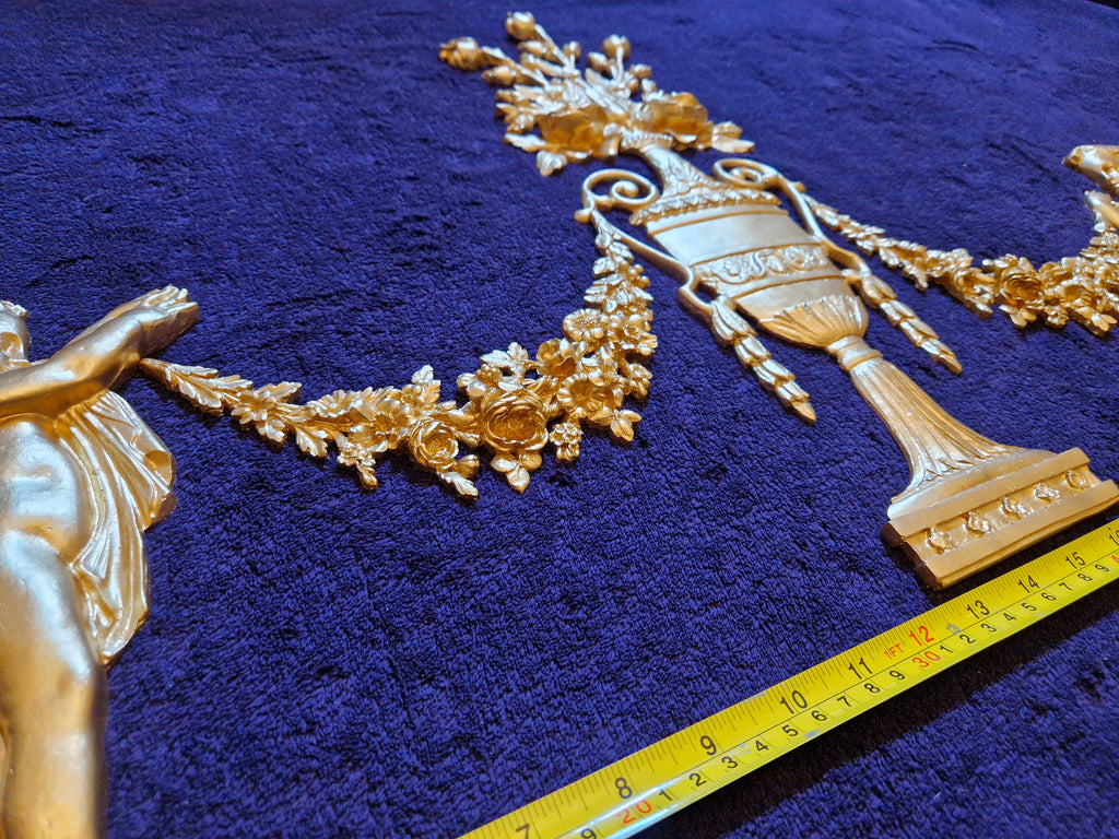 DECORATIVE RESIN PEDIMENT LOUIS XVI CHERUBS FLORAL APPLIQUE GILT WHITE DECORATION (No185)