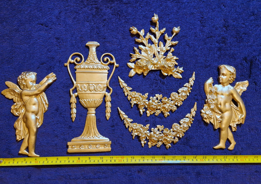 DECORATIVE RESIN PEDIMENT LOUIS XVI CHERUBS FLORAL APPLIQUE GILT WHITE DECORATION (No185)