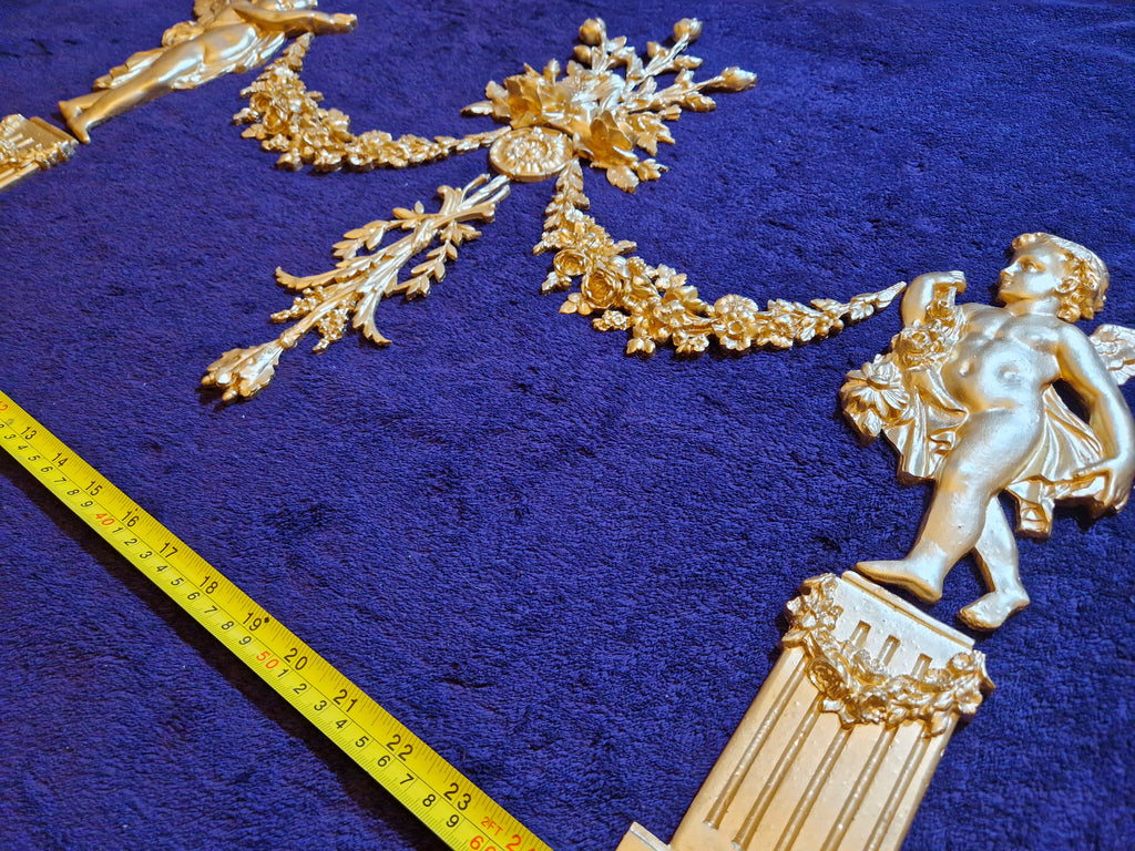 DECORATIVE RESIN PEDIMENT LOUIS XVI CHERUBS FLORAL APPLIQUE GILT WHITE DECORATION (No184)