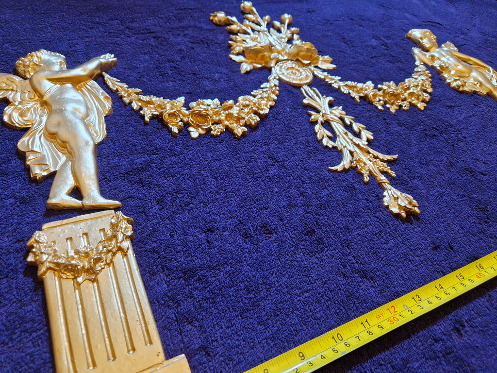 DECORATIVE RESIN PEDIMENT LOUIS XVI CHERUBS FLORAL APPLIQUE GILT WHITE DECORATION (No184)