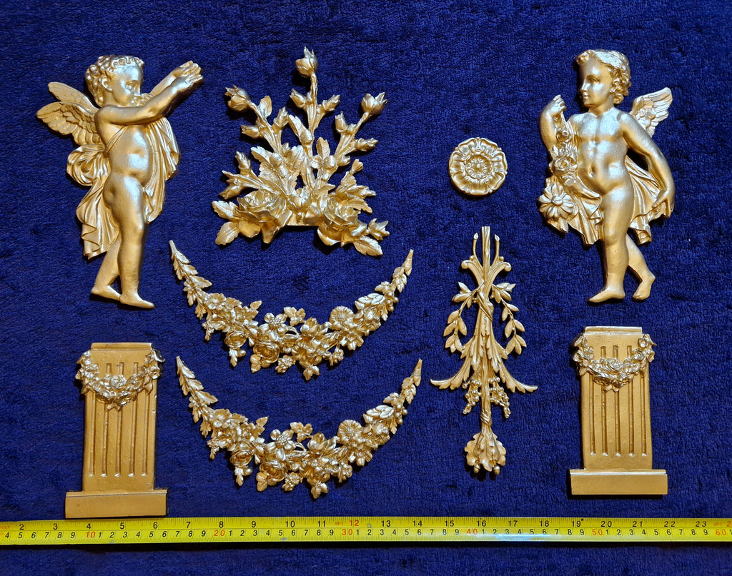 DECORATIVE RESIN PEDIMENT LOUIS XVI CHERUBS FLORAL APPLIQUE GILT WHITE DECORATION (No184)