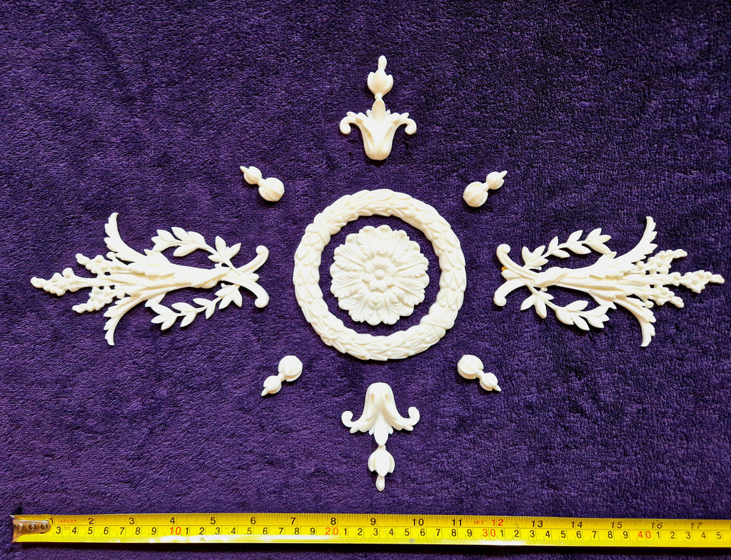 DECORATIVE PLASTIC MOULDING LOUIS XVI ANTIQUE STYLE APPLIQUE GILT WHITE WALL DECORATION (No194)
