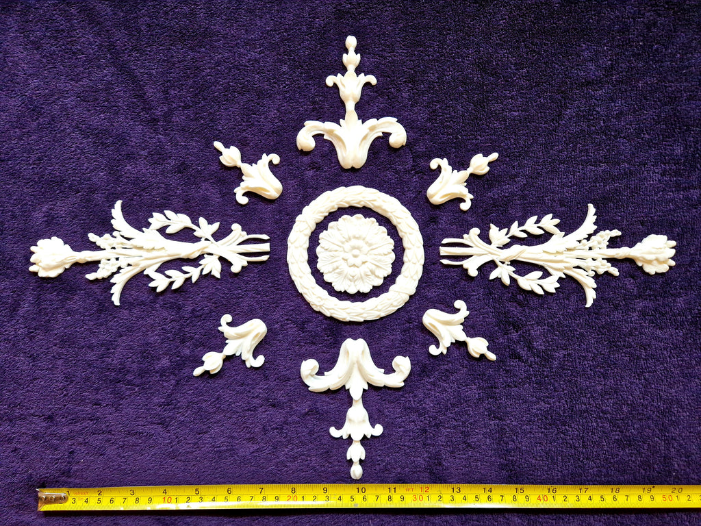 DECORATIVE PLASTIC MOULDING LOUIS XVI ANTIQUE STYLE APPLIQUE GILT WHITE WALL DECORATION (No195)