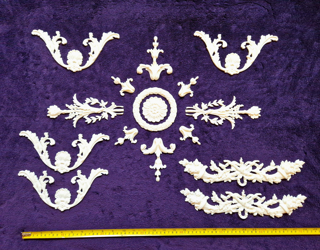 DECORATIVE PLASTIC MOULDING LOUIS XVI ANTIQUE STYLE APPLIQUE GILT WHITE WALL DECORATION (No196)