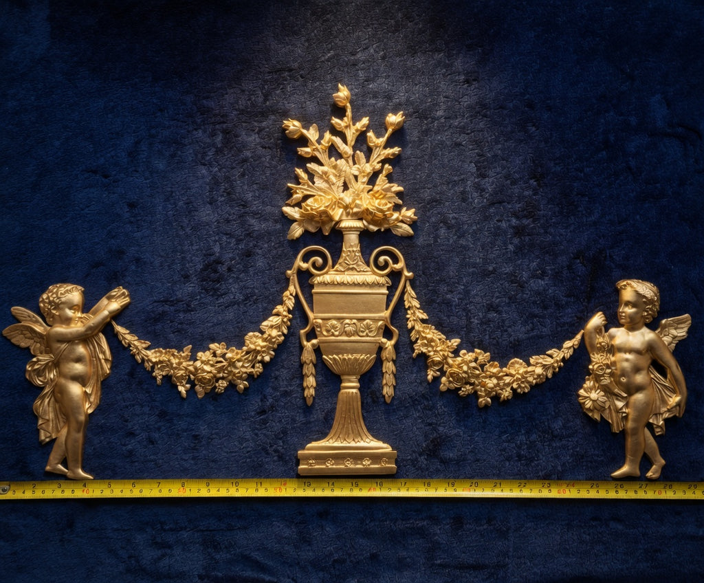 DECORATIVE RESIN PEDIMENT LOUIS XVI CHERUBS FLORAL APPLIQUE GILT WHITE DECORATION (No185)